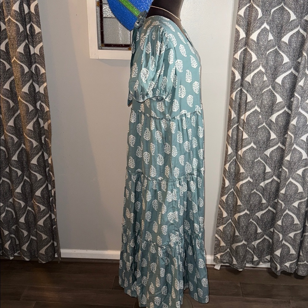 Lucky Brand Block Print Puff Sleeve Tiered Maxi Dress SZ Medium - Picture 8 of 10